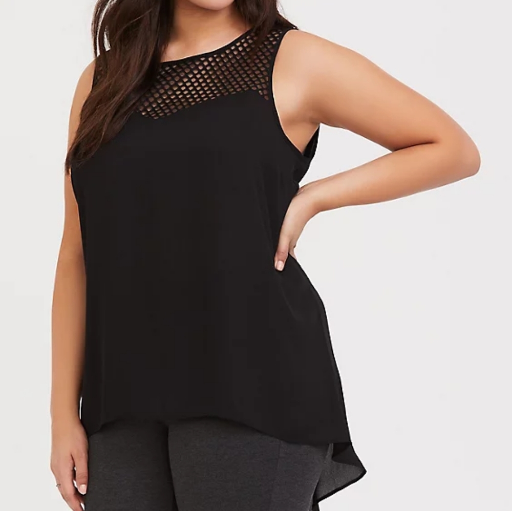 Torrid Black Crochet & Mesh Yoke Georgette Hi Lo Tunic Sleeveless Tank 2X Nwt